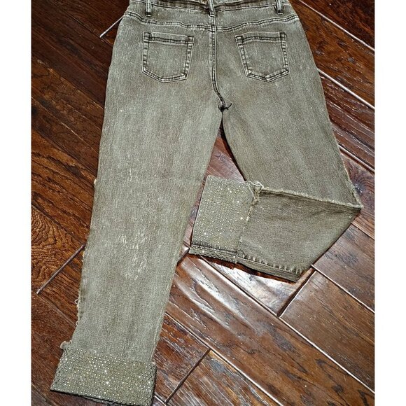 Diane Gilman DG2 Rhinestone-Embellished Distressed Brown Denim Jeans W Cuff - Picture 2 of 5